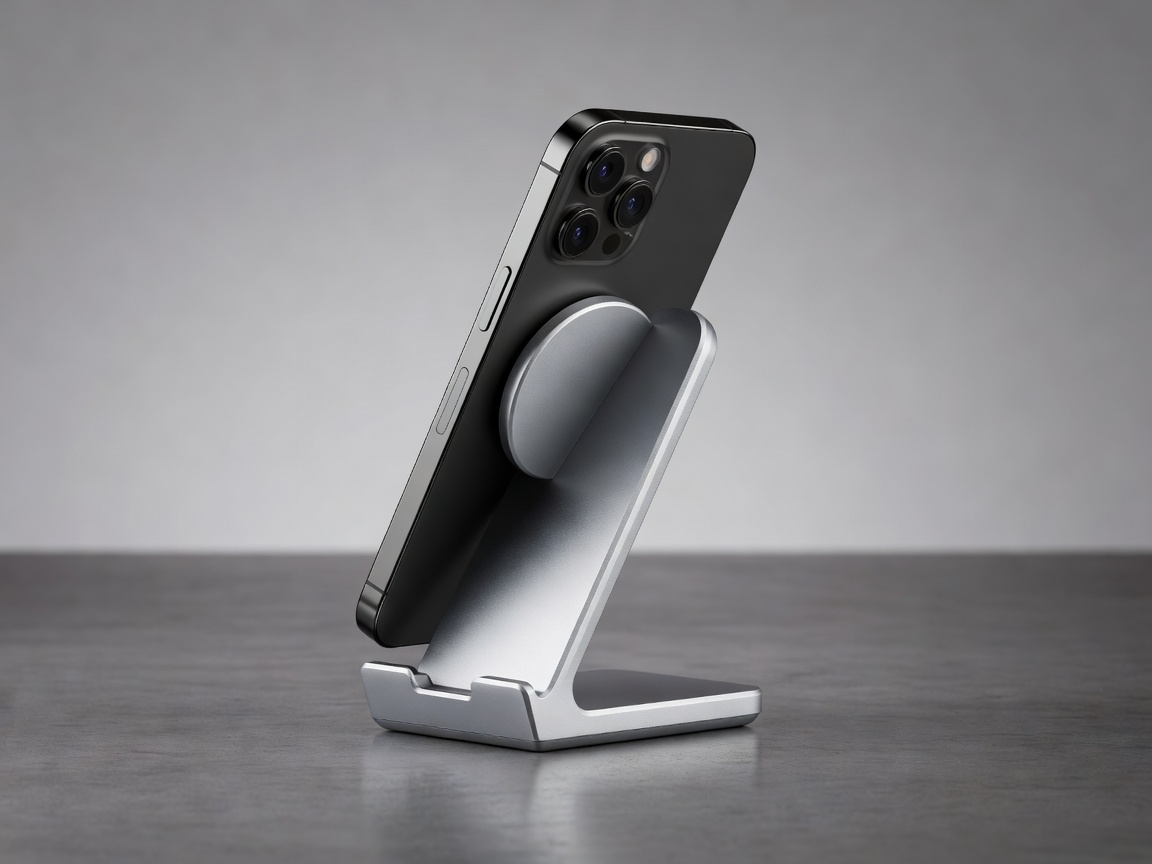 A modern magnetic wireless charging stand holding a smartphone securely