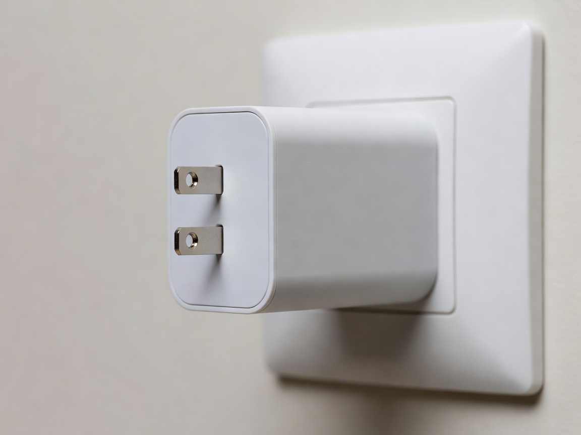 Close up of a compact 65W GaN wall charger plugged into a socket