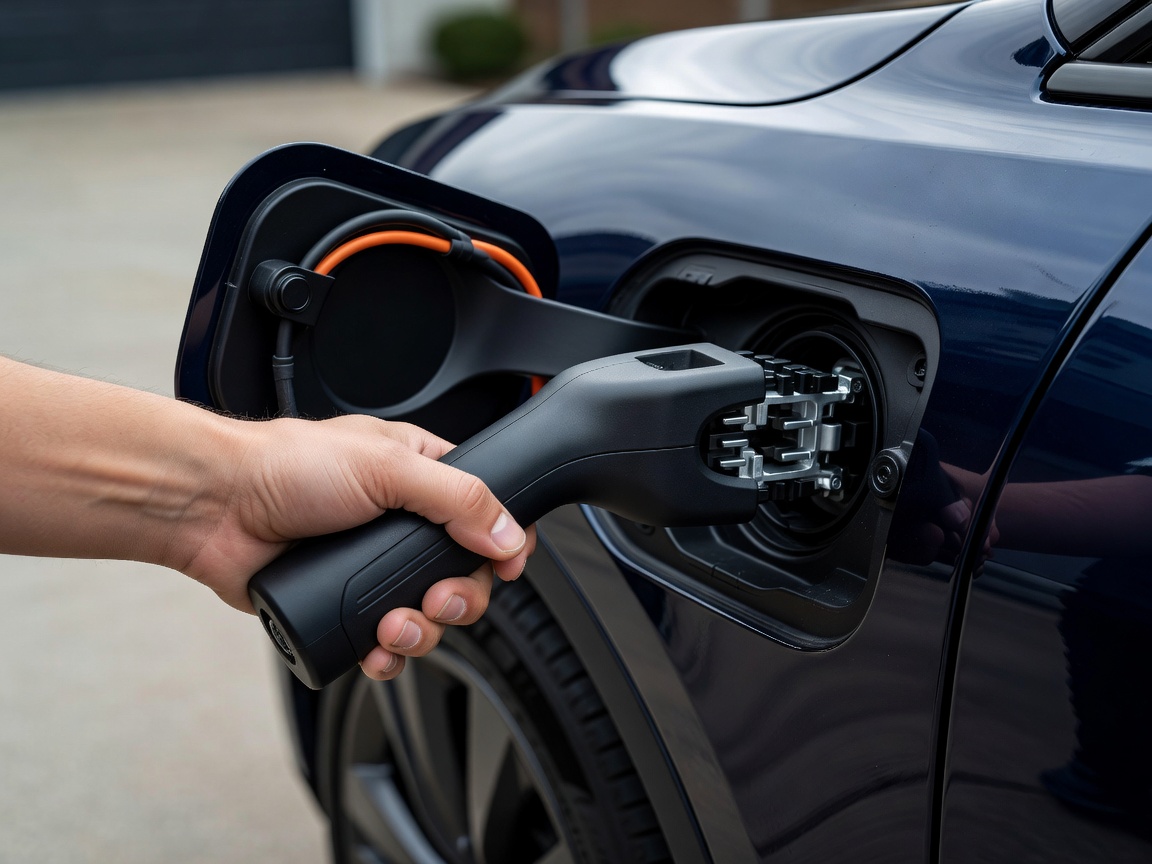 Close up of an electric vehicle charging handle being plugged into a car