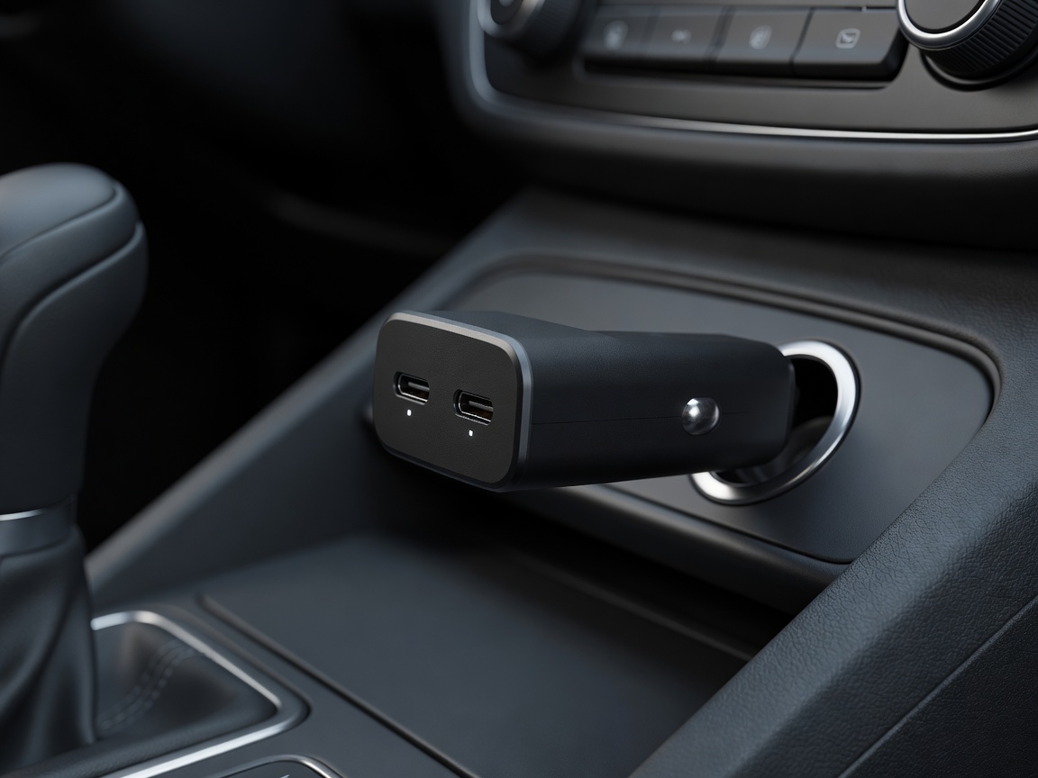 Flush fit dual USB-C car charger plugged into a 12V socket