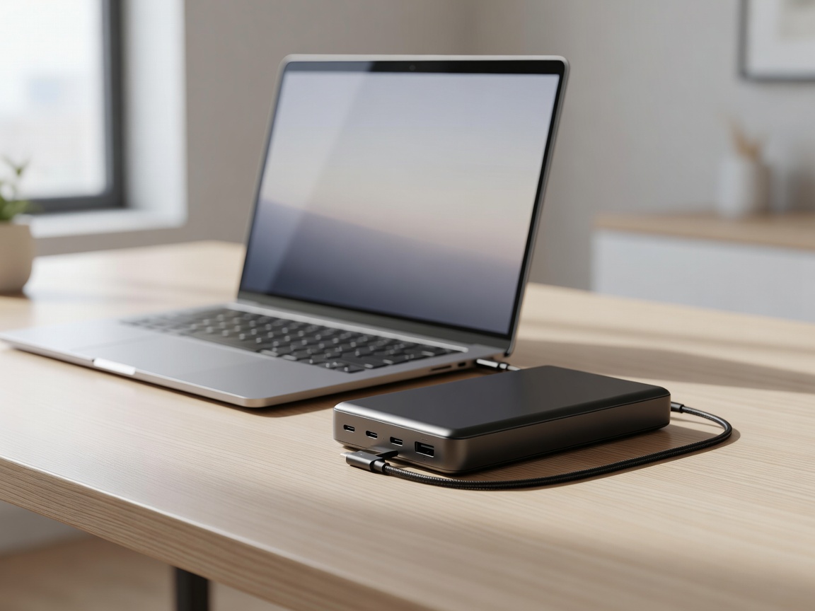 High capacity portable power bank next to a laptop