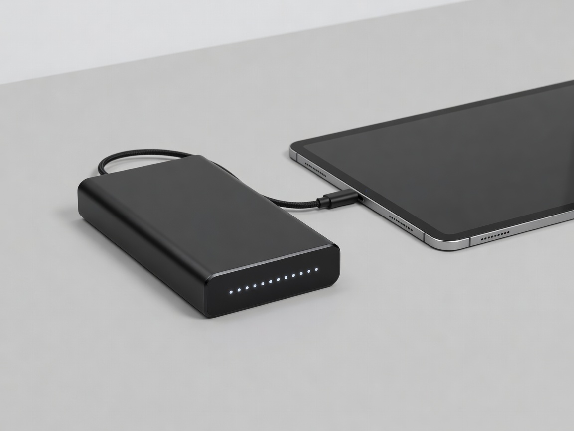 Large capacity portable charger displaying battery percentage next to a tablet