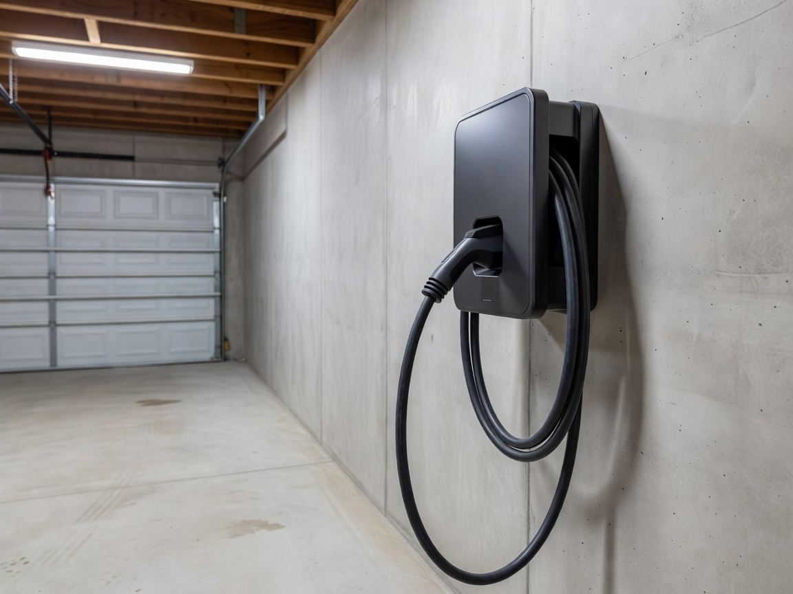 Level 2 electric vehicle charging station installed on a garage wall