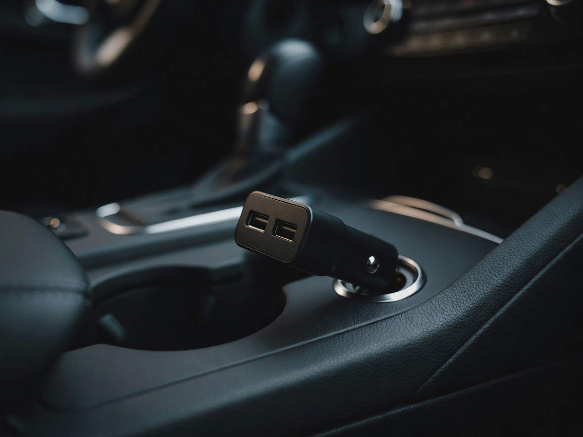 Low profile dual USB car charger seated in a center console 12V socket