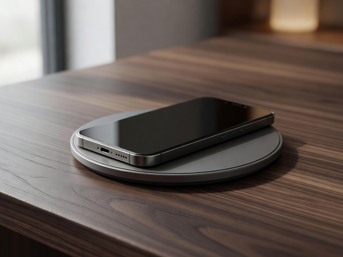 Smartphone resting on a sleek wireless charging pad on a wooden desk