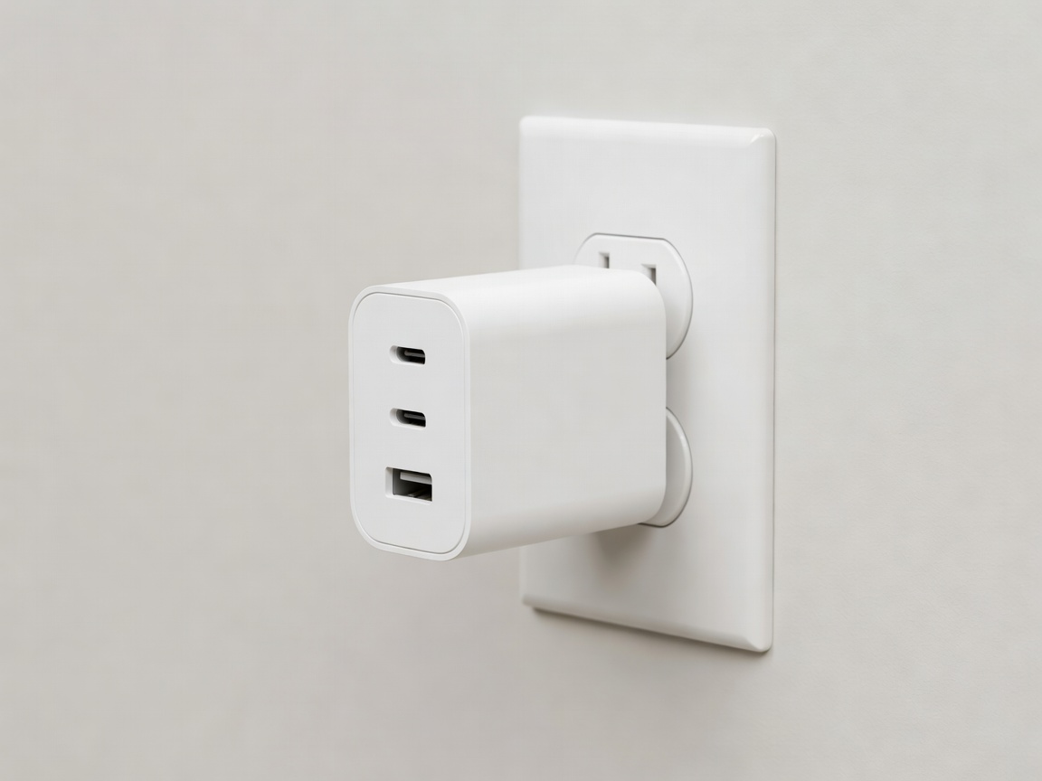 White multi-port GaN wall charger plugged into an outlet